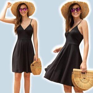 NWT ELESOL Black V  Neck Spaghetti Strap Swing Dress Sz Large